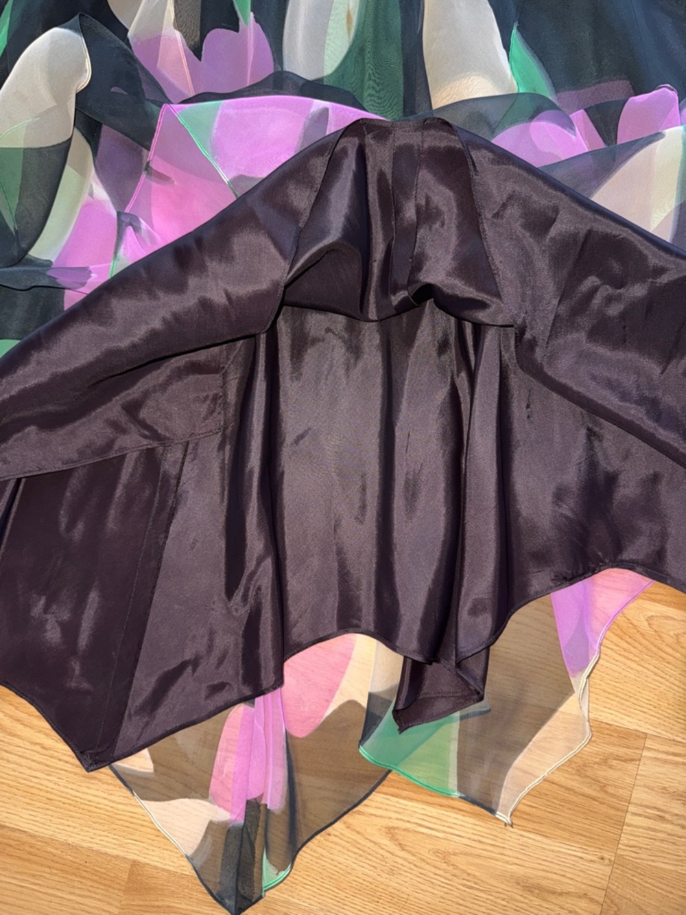 Vintage A.J. Bari Floral Chiffon Midi Dress Black Lavender Green Size 6 1980s - Picture 11 of 16